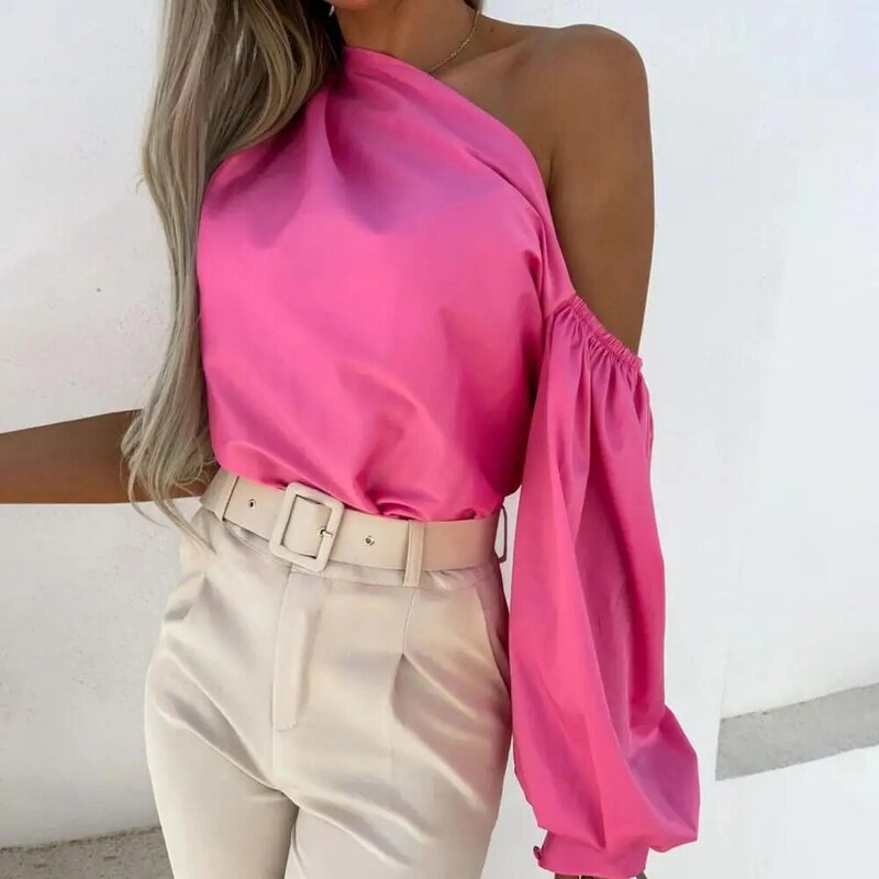 4 tamanhos blusa feminina nova 2022 casual irregular cor pura fora do ombro pulôver único ombro casual topo roupas femininas