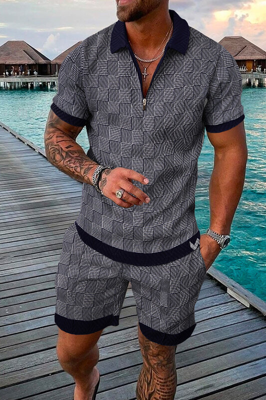New Trend Men's Hawaiian Suit Summer Short Sleeve Zipper POLO Shirt Beach Shorts Casual Travel Men's 2 Piece Set