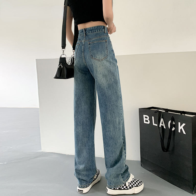 Женские джинсы с завышенной талией, прямые брюки-трубы с широкими штанинами, тонкие драпированные брюки для весны и осени 2022