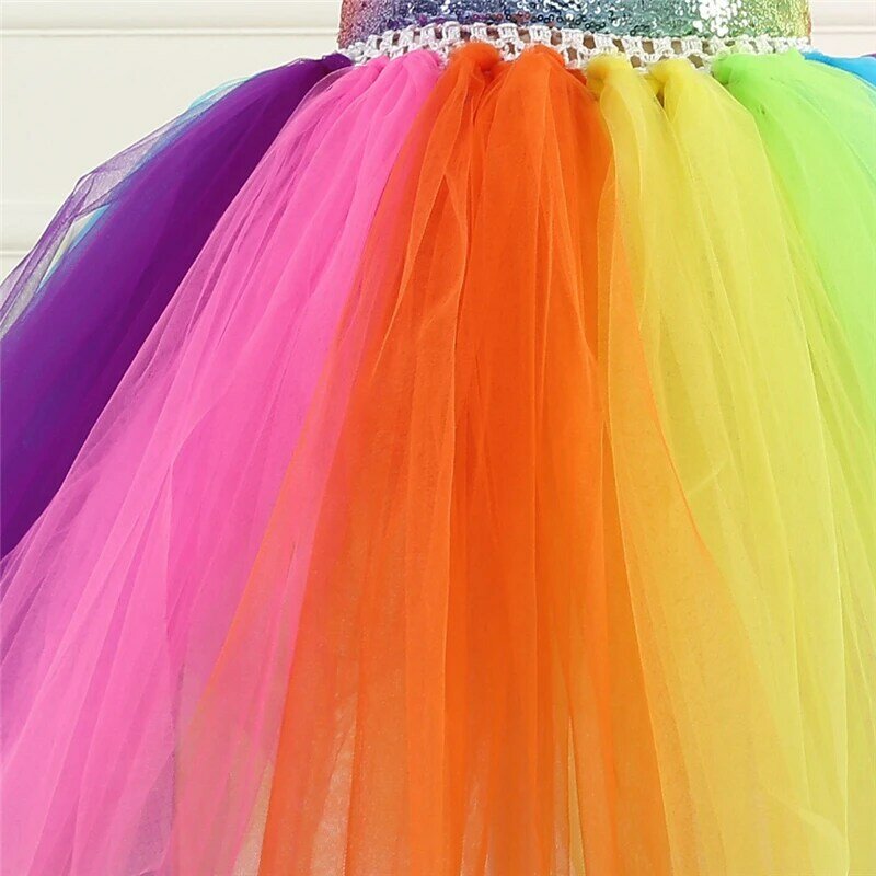 Robe de princesse licorne Cosplay pour filles, tenue longue en maille, Tutu, arc-en-ciel, Costume d'halloween pour enfants, fête de carnaval