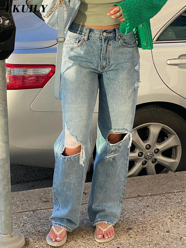 Jeans Berlubang Fashion Wanita Pakaian Famale Jeans Kasual Pinggang Tinggi Y2K Streetwear Denim Kaki Lebar Jeans Lurus Estetika Longgar