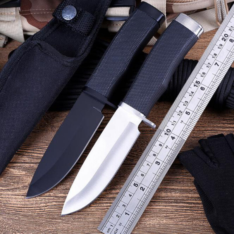 Hoja negra y blanca, cuchillo clásico de caza fijo, 440C mango de goma de acero inoxidable, cuchillos tácticos de Camping EDC