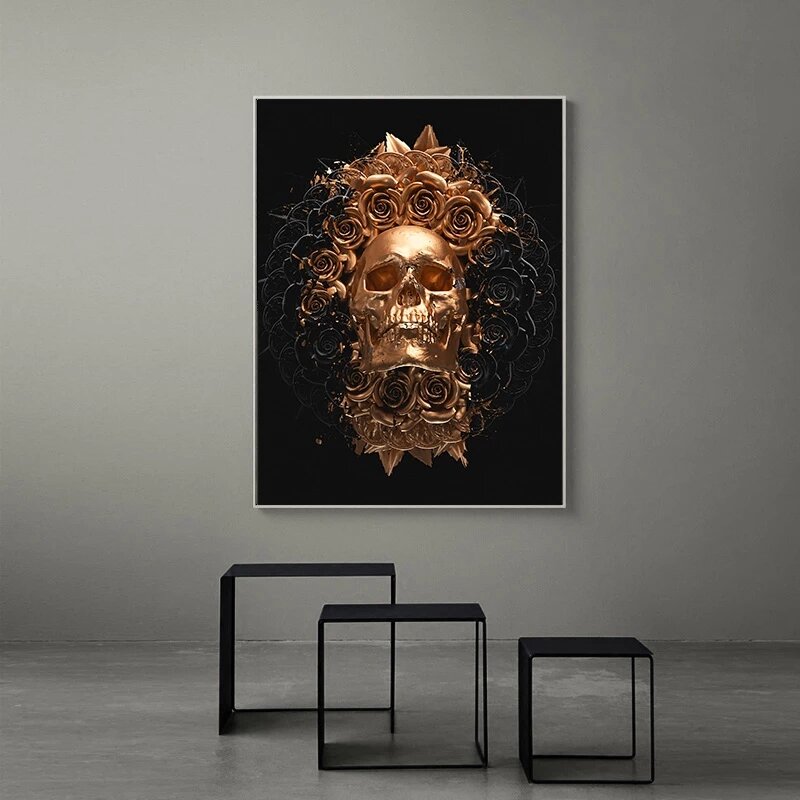 Ouro e preto mandala crânio padrão arte escura poster impresso em tela parede moderna impressão da arte decoração para casa pintura imagem