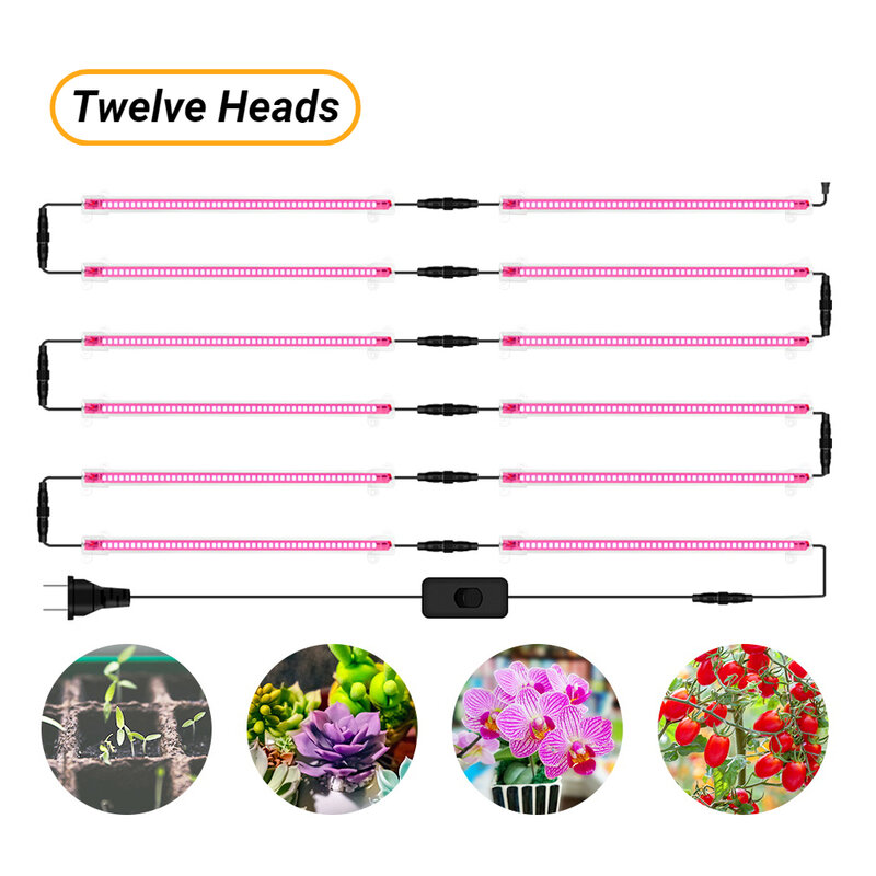 Tira de luces LED para cultivo de plantas, lámpara de espectro completo de 30cm, cuatro/ocho/12 cabezales para flores de interior, luz solar/rosa púrpura