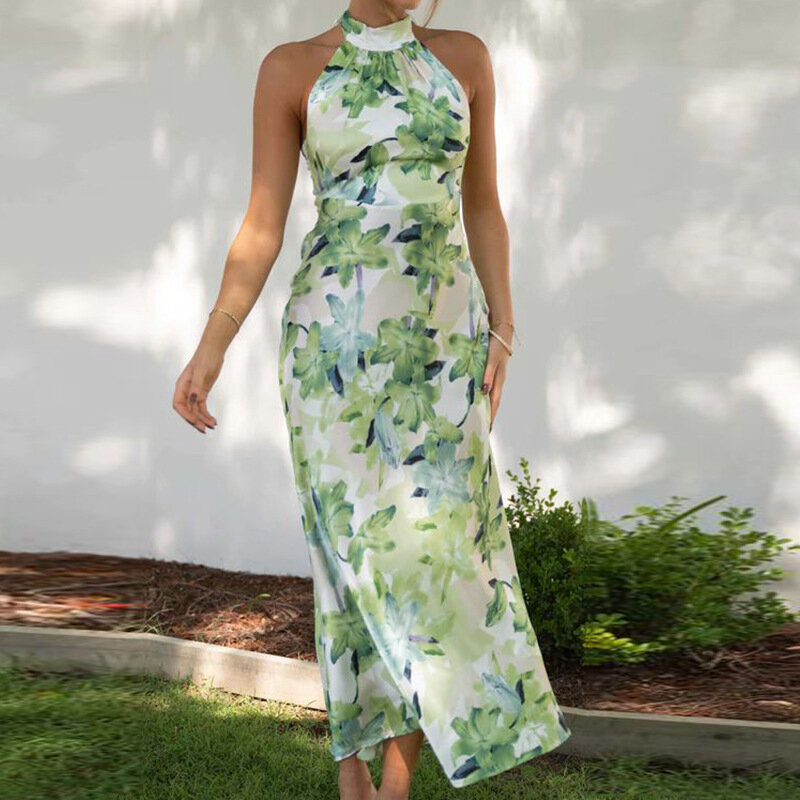Женское платье с высоким воротником, элегантное платье с разрезом и принтом, весна-лето 2023
