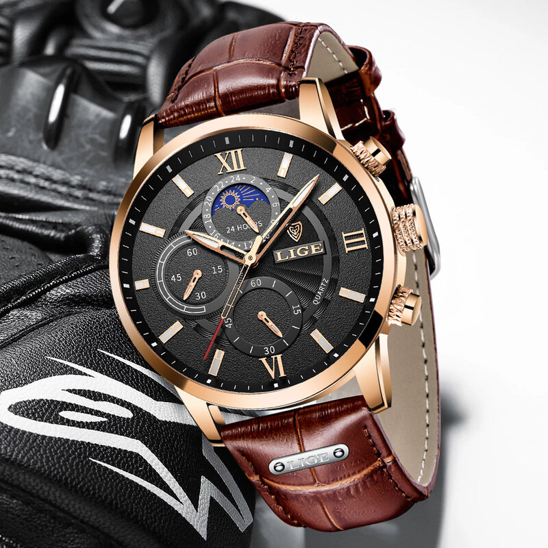 LIGE – montre en cuir noir pour hommes, marque de luxe, chronographe, à Quartz, militaire, étanche, lumineuse, 2022
