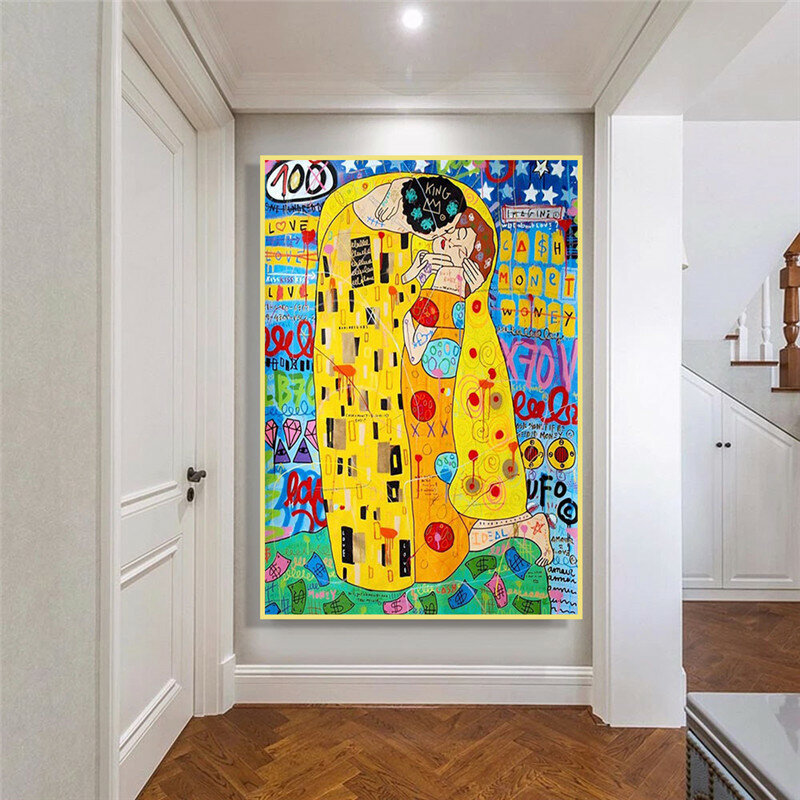 Banksy 팝 스트리트 그래피티 아트 캔버스 페인팅 Gustav Klimt 키스 포스터와 지문 벽 예술 홈 장식을위한 유명한 그림