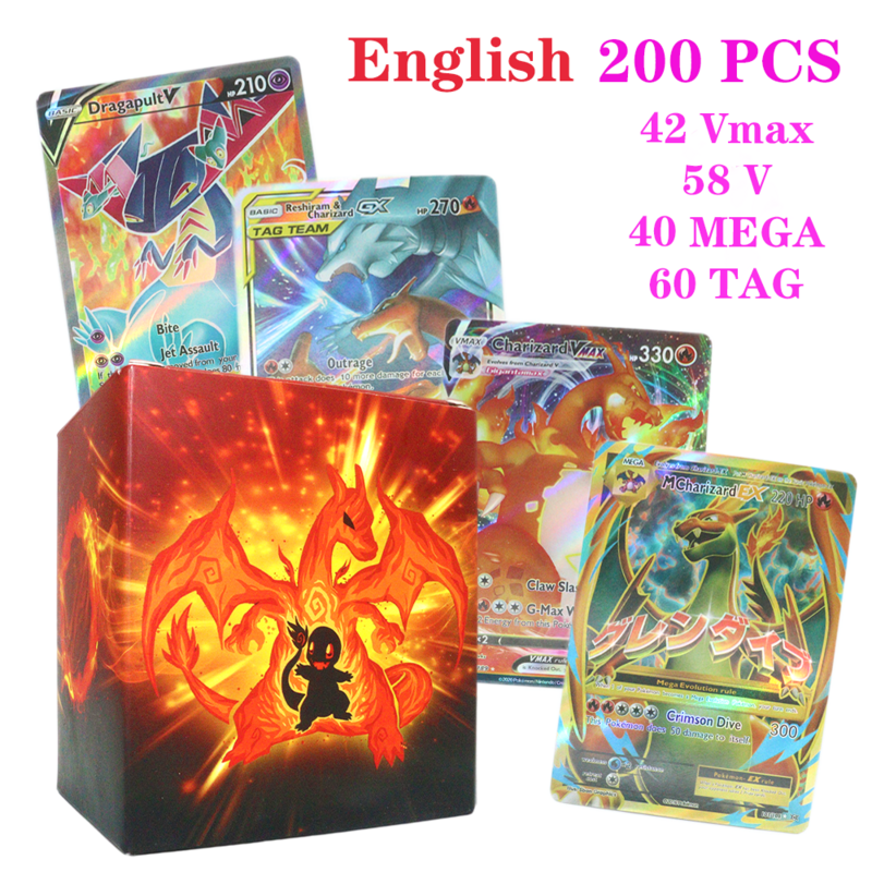 20-300Pcs ภาษาอังกฤษ Pokemon Card Vmax GX แท็กทีม EX Mega เกม Battle Trading Pikachu Charizard งานอดิเรก Collection battle ชาย