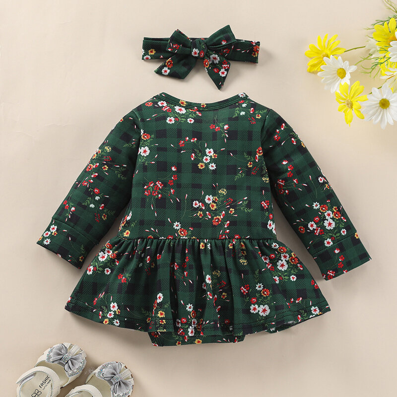Women Plaid Floral Pattern Romper Outfits Long Sleeve Round Neck Casual Bodysuits Dress with Bow Headband 2pcs Sweet Suit