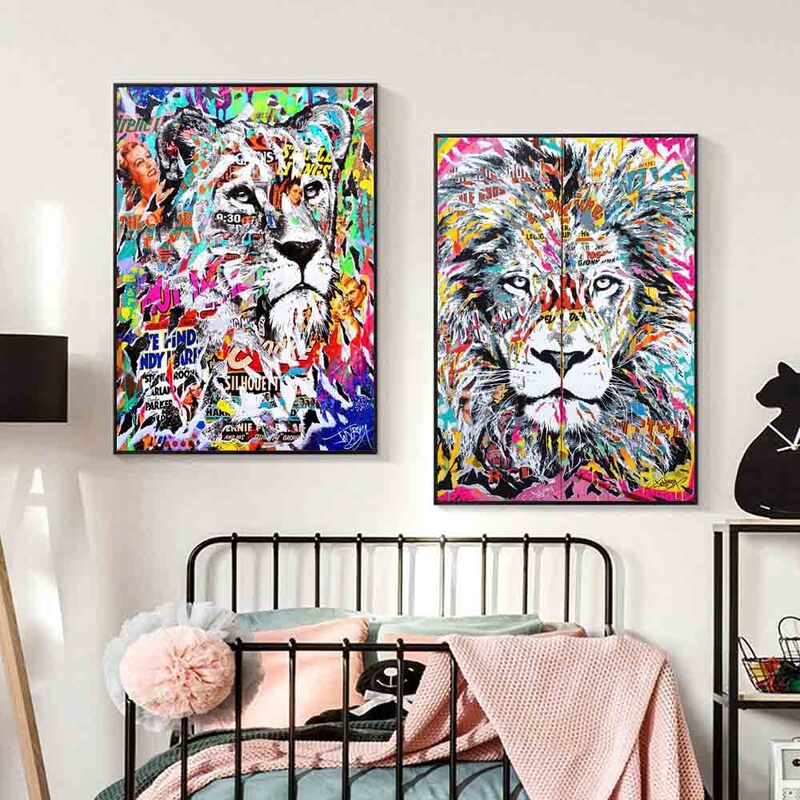 Graffiti art-pintura abstracta de animales en lienzo, arte de pared, León, orangután, elefante, póster, oficina, sala de estar, decoración del hogar, mural