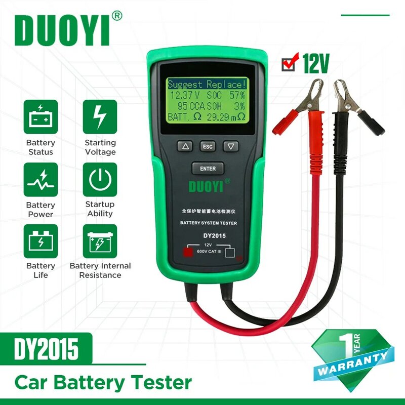 DUOYI DY2015 12V Auto Battery Load Tester Tools 100-1700CCA Load Tester Automotive Alternator Tester Digital Battery Analyzer