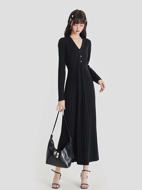 2022 New Fall Winter Women knitting Dress Korean Female V-neck Solid Slimmin Long Sleeve High Waist Midi Dress A-line skirt