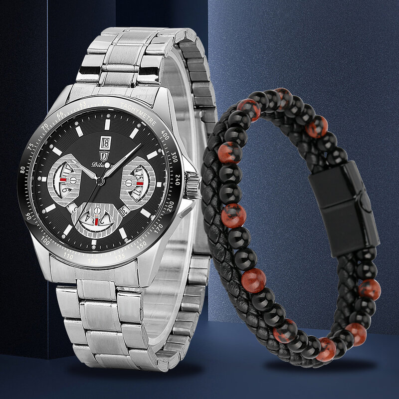 남성 쿼츠 손목 시계, 스테인레스 스틸 럭셔리 패션 캘린더 시계, 팔찌 세트, 남성용 선물