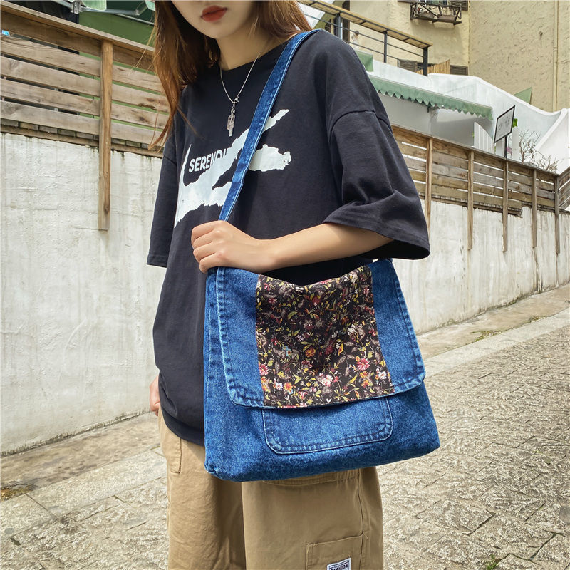 Xiuya Уличная Повседневная сумка на плечо для женщин 2021, джинсовая Холщовая Сумка через плечо с цветочным принтом, винтажная вместительная су...