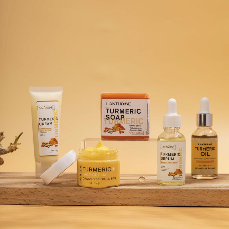 Natural Organic Turmeric Skin Care Set, removedor de manchas escuras de acne, soro facial clareamento, creme facial hidratante, essência, 5pcs por conjunto