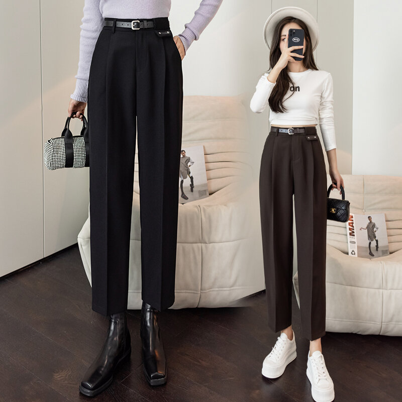 Spodnie Harajuku kobiety jesienno-zimowa nowy szczupły garnitur spodnie moda spodnie damskie spodnie proste spodnie z wysokim stanem z paskiem 109H