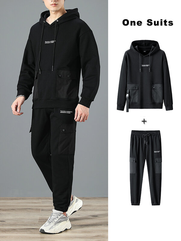 Wiosna jesień multi-kieszenie Plus rozmiar dres mężczyźni Streetwear czarny szary pulower z kapturem + spodnie 2 sztuka zestaw mężczyźni odzież sportowa