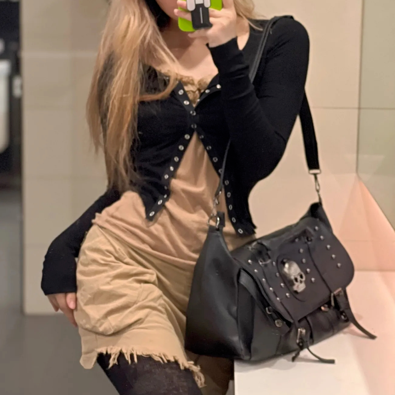 Xiuya القوطية حقيبة المرأة 2022 Harajuku فاسق المرأة حقيبة الكتف برشام حجر الراين الجمجمة الإناث حقائب سعة كبيرة حقيبة