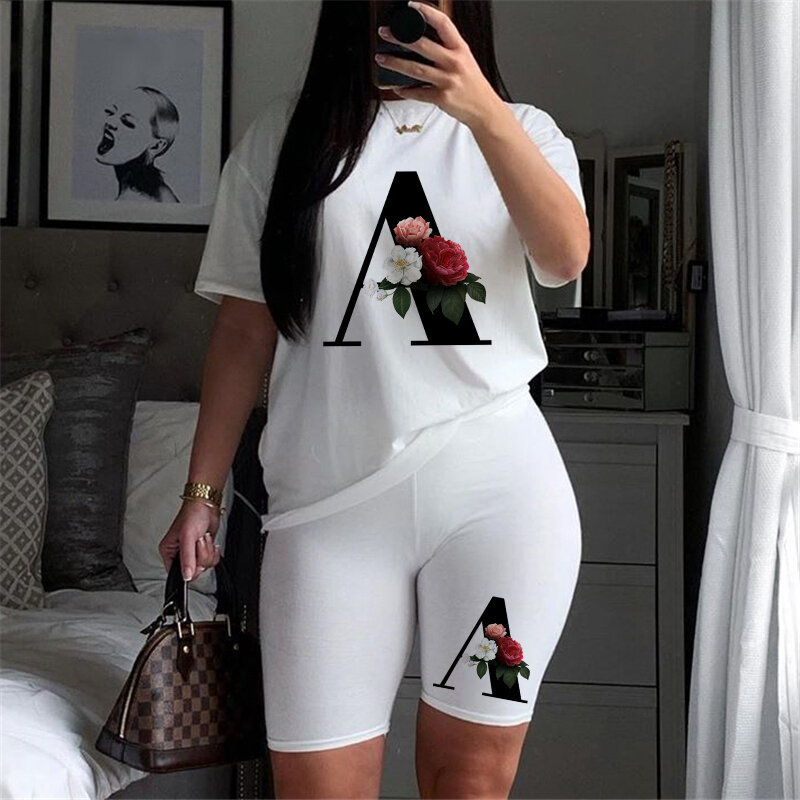 2022 New Women's Two Piece Top + Slim Shorts Letter T Shirt and Shorts Set Summer O Neck Casual Jogging Biker Shorts Sexy Women