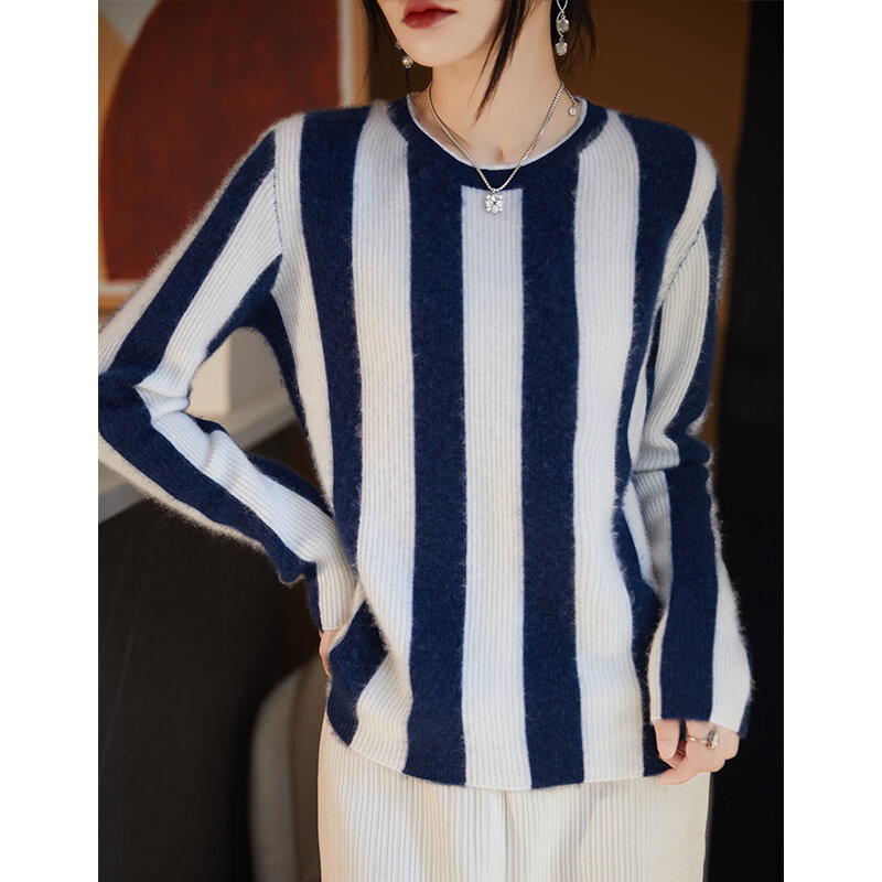 Smpevrg Woman's Sweaters Winter Thick Casual Striped Female Pullover Long Sleeve O-Neck Jumper 100% Woollen Knitted Tops Clothes