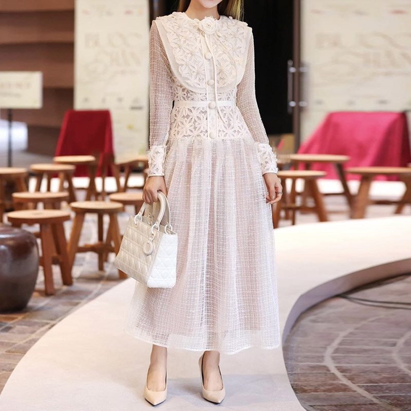 Luksusowe koronki sukienka morelowa dla kobiet 2023 wiosna długa elegancka imprezowa haftowany kwiat damska odzież Vintage jesień