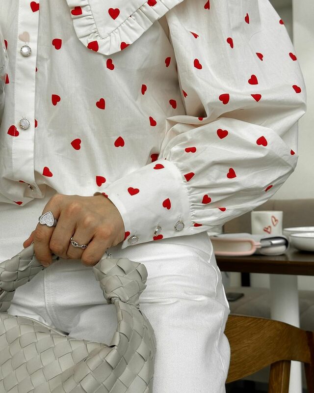 Рубашка Suninbox Женская с воротником «Питер Пэн», Хлопковая сорочка с буффами на рукавах, топ с принтом в виде белого сердца, блузка с длинным рукавом, весна-осень