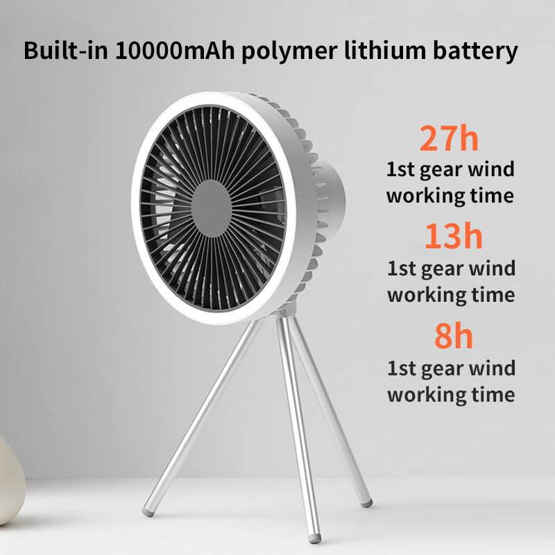 Beutyone ventilador portátil usb recarregável mini ventilador de teto acampamento ao ar livre com luz led 4000/10000mah ventilador de mesa