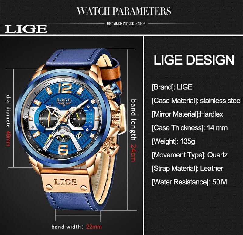 Lige-メンズスポーツウォッチ,高級ミリタリー腕時計,耐水性,クォーツ,クロノグラフ,男性