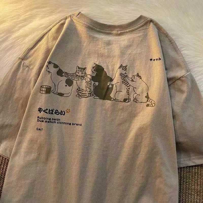 Estate giapponese piccola fresca maglietta a maniche corte uomini e donne coppia marea marca retrò cartone animato gatto stampa mezza manica T shirt