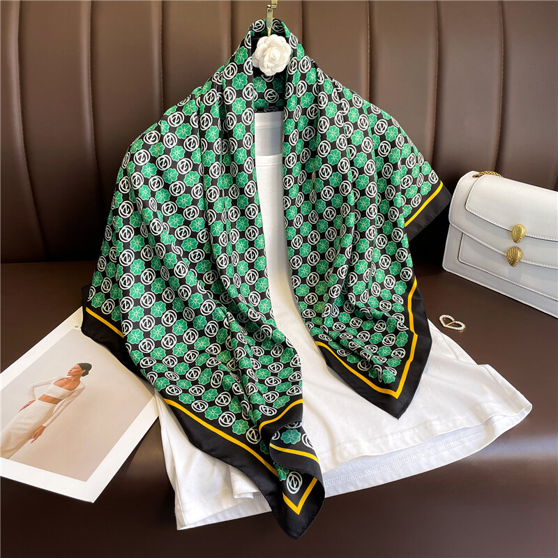 Foulard pied-de-poule en Satin de soie pour femmes, Hijab, Bandana imprimé, carré, bandeau musulman, châle, 90cm