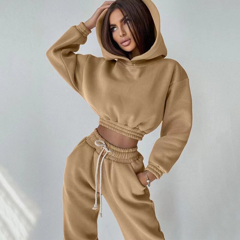 European and American Sports Sweater Suits Short Long-sleeved Hooded Sweater Autumn and Winter New Two-piece Women's Clothing