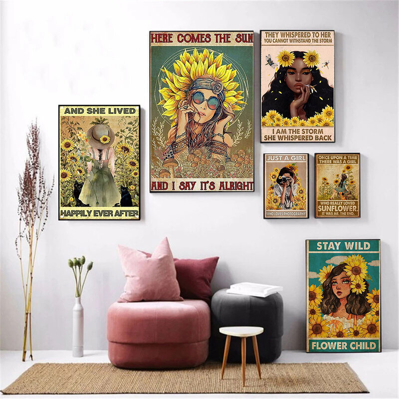 vintage art abstract character sunflower girl canvas painting fashion slogan wall art poster study bedroom home decoration mural