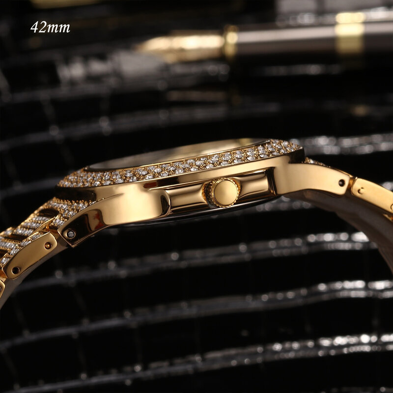 MISSFOX 18K Gold นาฬิกาควอตซ์เต็มรูปแบบเพชรหินคนรักนาฬิกาคู่ของผู้ชายผู้หญิง Bling Hip Hop ice Out นาฬิกาผู้ชายผ...