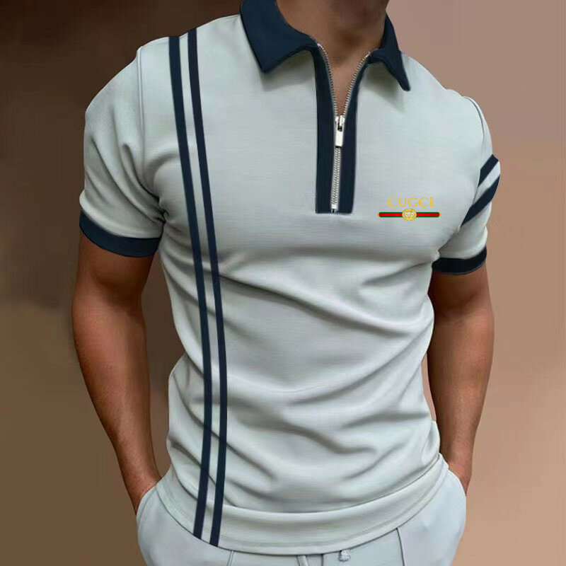 Polo informal con cuello vuelto y cremallera para hombre, camiseta ajustada a rayas de color liso, primavera y verano, 2023