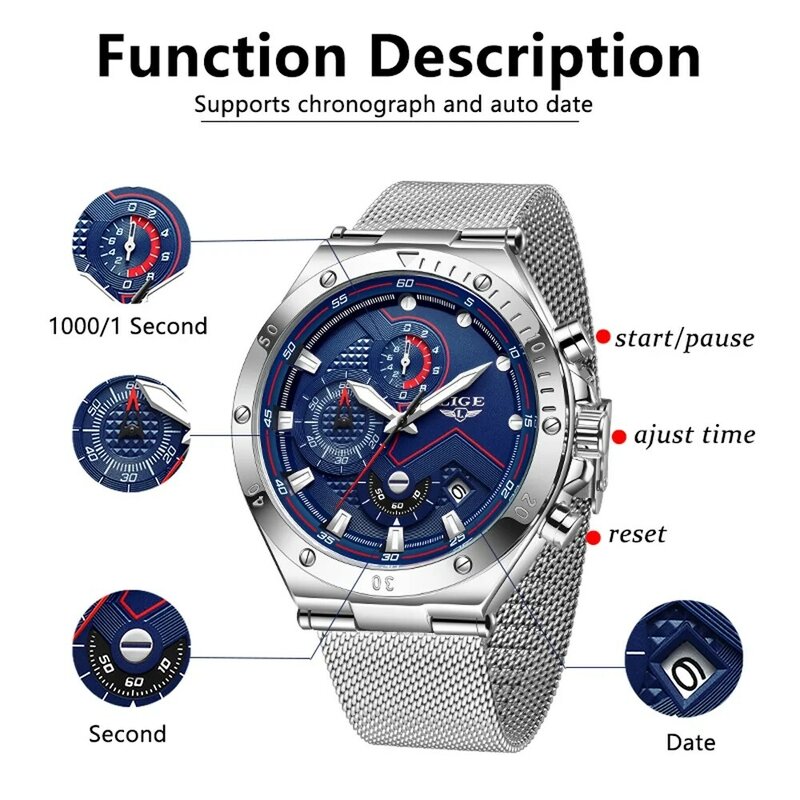 LIGE Mode Herren Uhren Top Brand Luxus Armbanduhr Quarz Uhr Blau Uhr Männer Wasserdichte Sport Chronograph Relogio Masculino