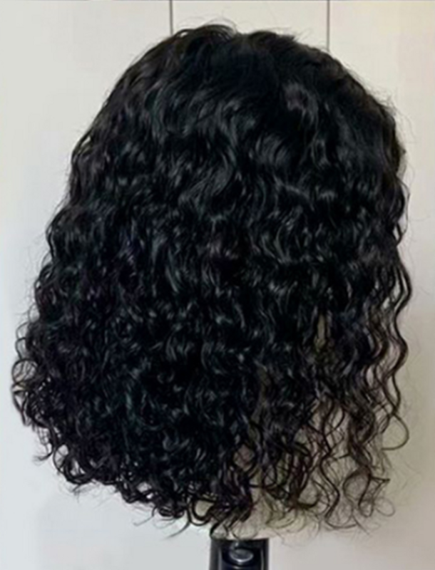 Preto encaracolado macio bob peruca dianteira do laço para as mulheres transparente solto profunda onda de água fibra perucas cabelo natural curto encerramento