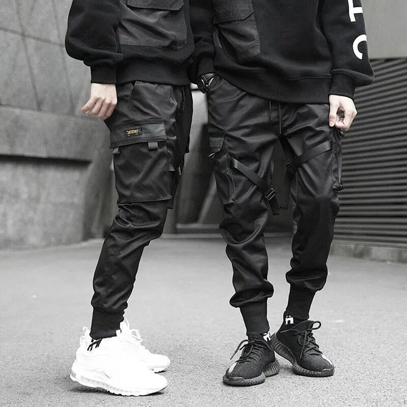 النسخة الكورية من وزرة سوداء الرجال العلامة التجارية العصرية غاسل وظيفية بنطلون الشارع الهيب هوب الرياضة واسعة الساق Trousers غير رسمية