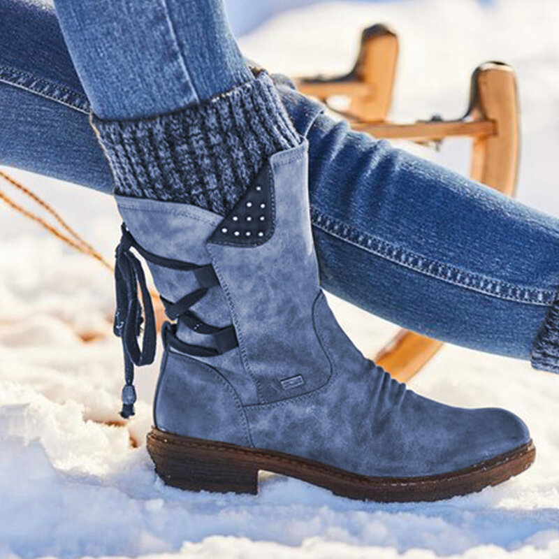 Botas De media caña para Mujer, Zapatos De piel sintética, Botas De nieve cálidas a la moda, Invierno