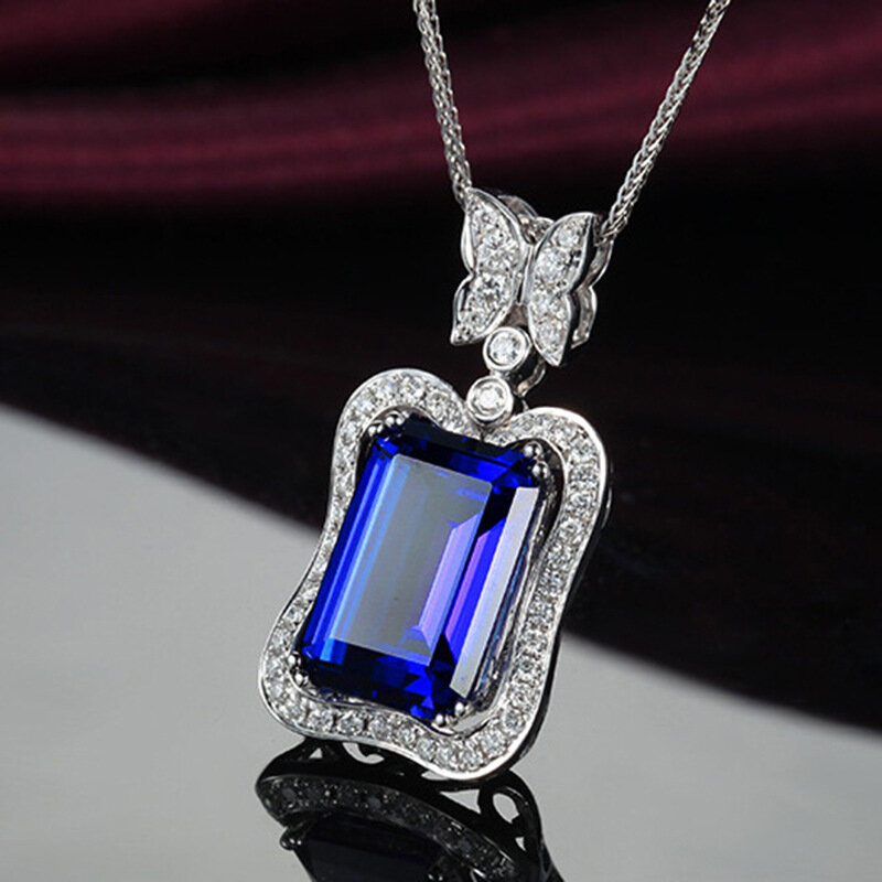 Luxo cheio de diamante micro-conjunto borboleta retangular safira pingente feminino jóias clavícula corrente colar feminino