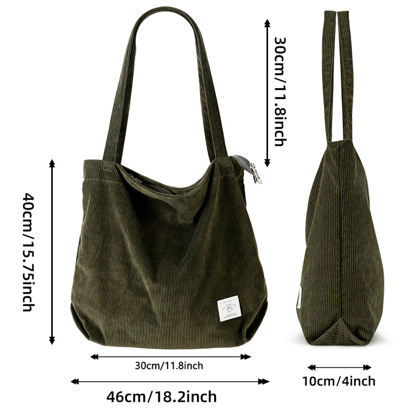 KALIDI – sac à main en velours côtelé pour femmes, fourre-tout de grande capacité, en toile écologique, mode, fermeture éclair, à bandoulière