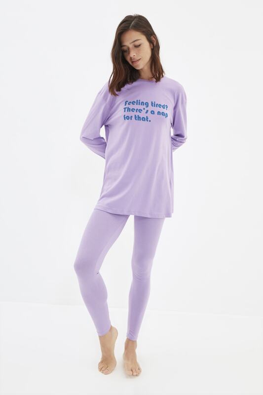 Trendyol slogan impresso pijamas de malha conjunto thmaw22pt0615