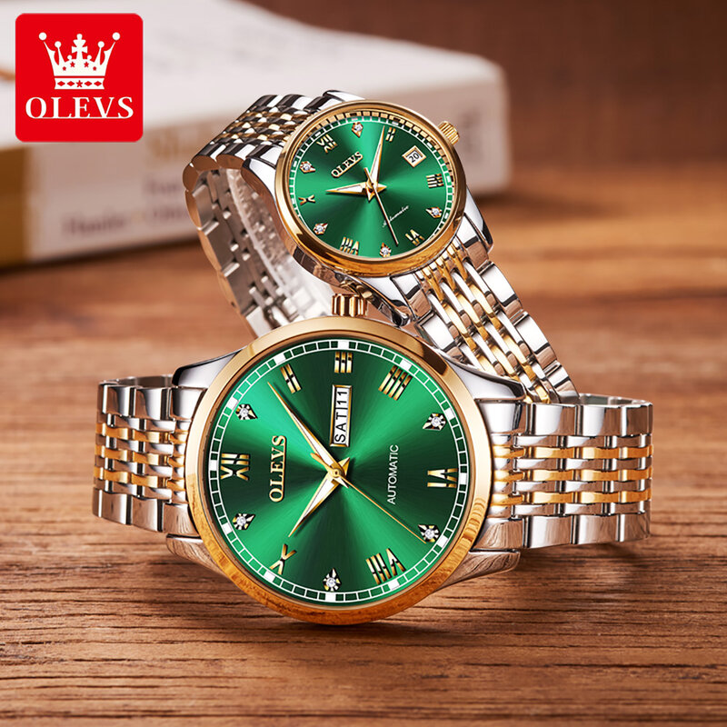 OLEVS-Relojes de pulsera de acero inoxidable para pareja, automáticos, resistentes al agua, mecánicos, a la moda