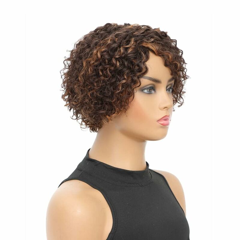 Peluca rizada 100% para mujeres negras, pelo humano con gran volumen, esponjoso, 8 pulgadas, rizada, parte lateral, corte Pixie brasileño