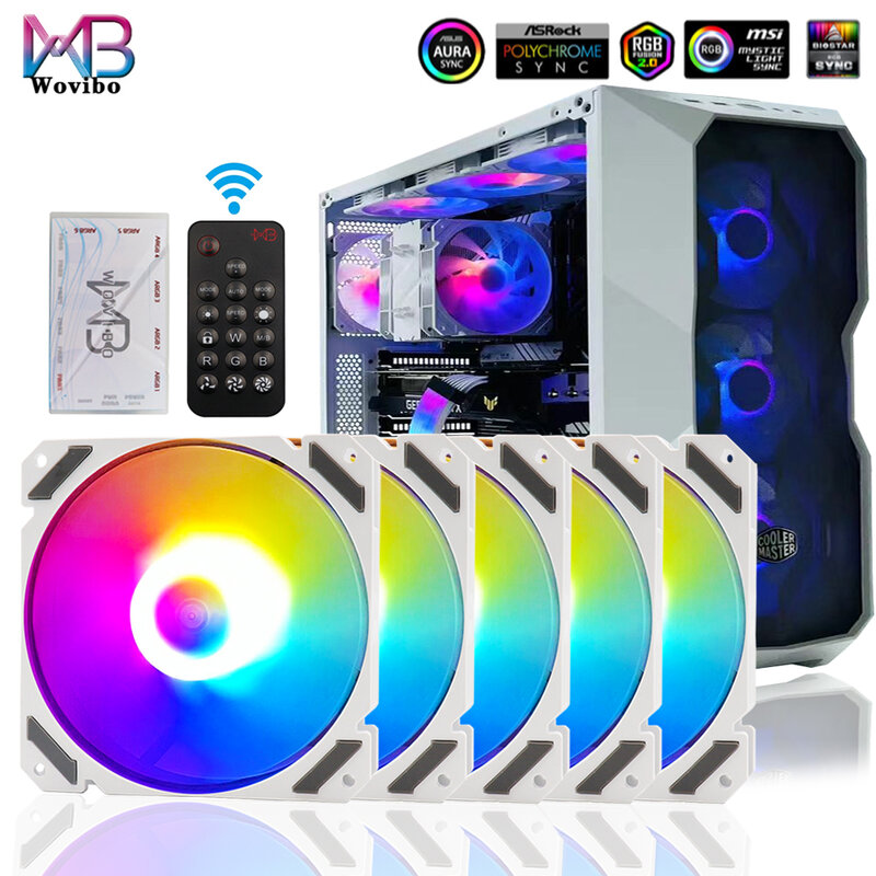 Wovibo-Ventilador ARGB RGB de 120mm, Ventilador PWM de 4 pines, 5V, 3 pines, radiador de carcasa de refrigeración para PC y ordenador, blanco y negro, 12cm