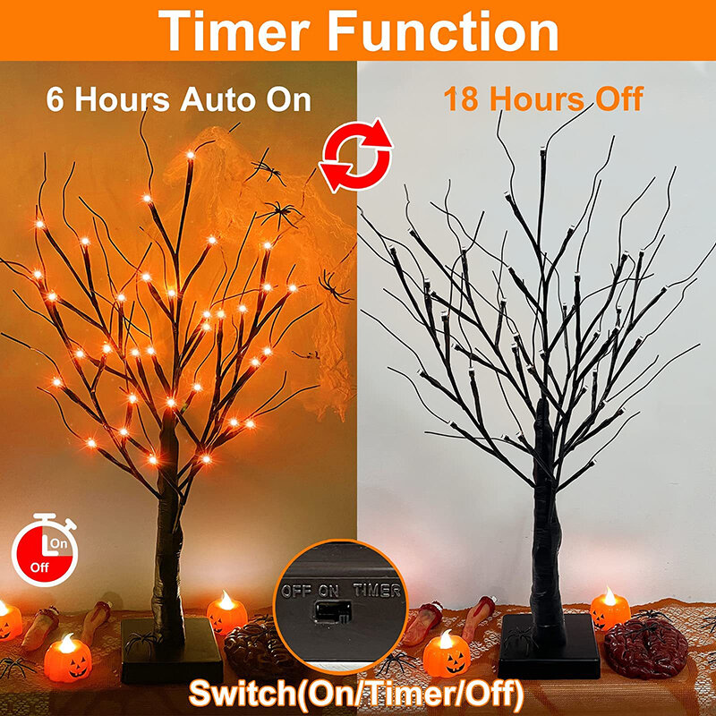 Pohon burung LED 60CM 36 baru Halloween dengan lampu oranye pengatur waktu pohon meja bertenaga baterai untuk dekorasi rumah dalam ruangan