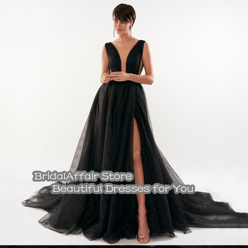 BridalAffair Glitter Prom Dresses 2022 V-Neck Tulle Black Long Wedding Party Arabic Evening Gown Celebrity Dress for Graduation