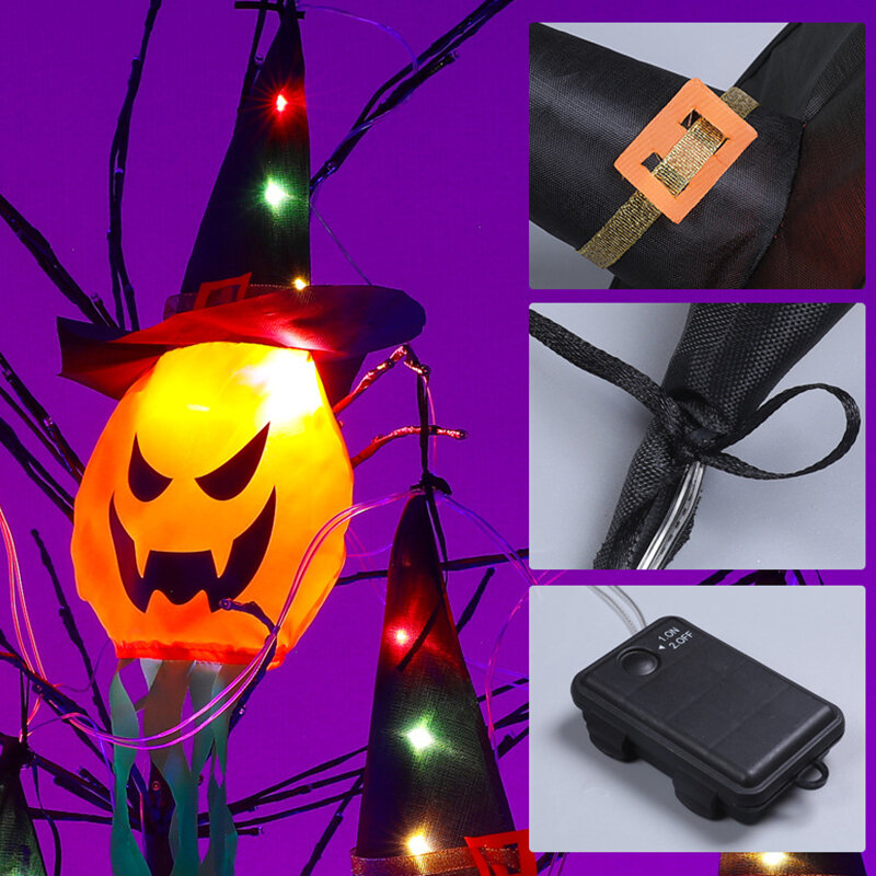 Guirlandes lumineuses à LED pour décoration d'halloween, guirlandes de citrouille, Gypsophila, chapeau fantôme lumineux, lanterne suspendue