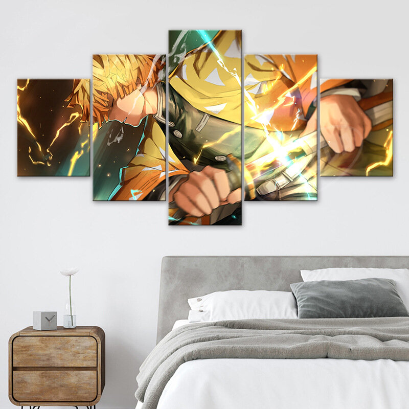 5PCS/Set Anime Demon Slayer Kimetsu No Yaiba Printed Canvas Wall Posters Kids Bedroom Living Room Home Decor Art Wall Stickers