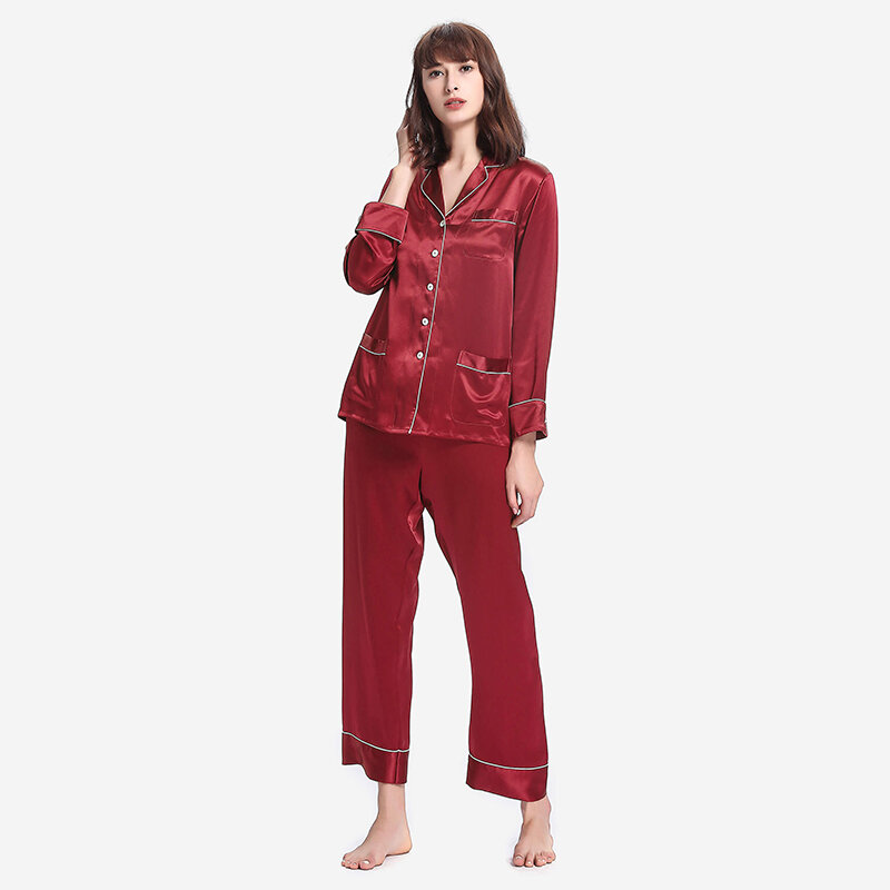 100 Silk Pyjamas Set Pijama Frauen Nachtwäsche Paar Pyjama 22 momme Getrimmt Tasten Drehen Unten Kragen Freies Verschiffen