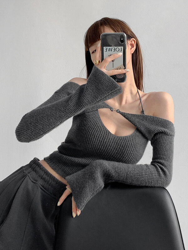 Sexy Women Sweater One Shoulder Long Sleeve Top Cardigan Blouse with Folded Neck and Knitted Suspender Sweaters Y2k Clothes New